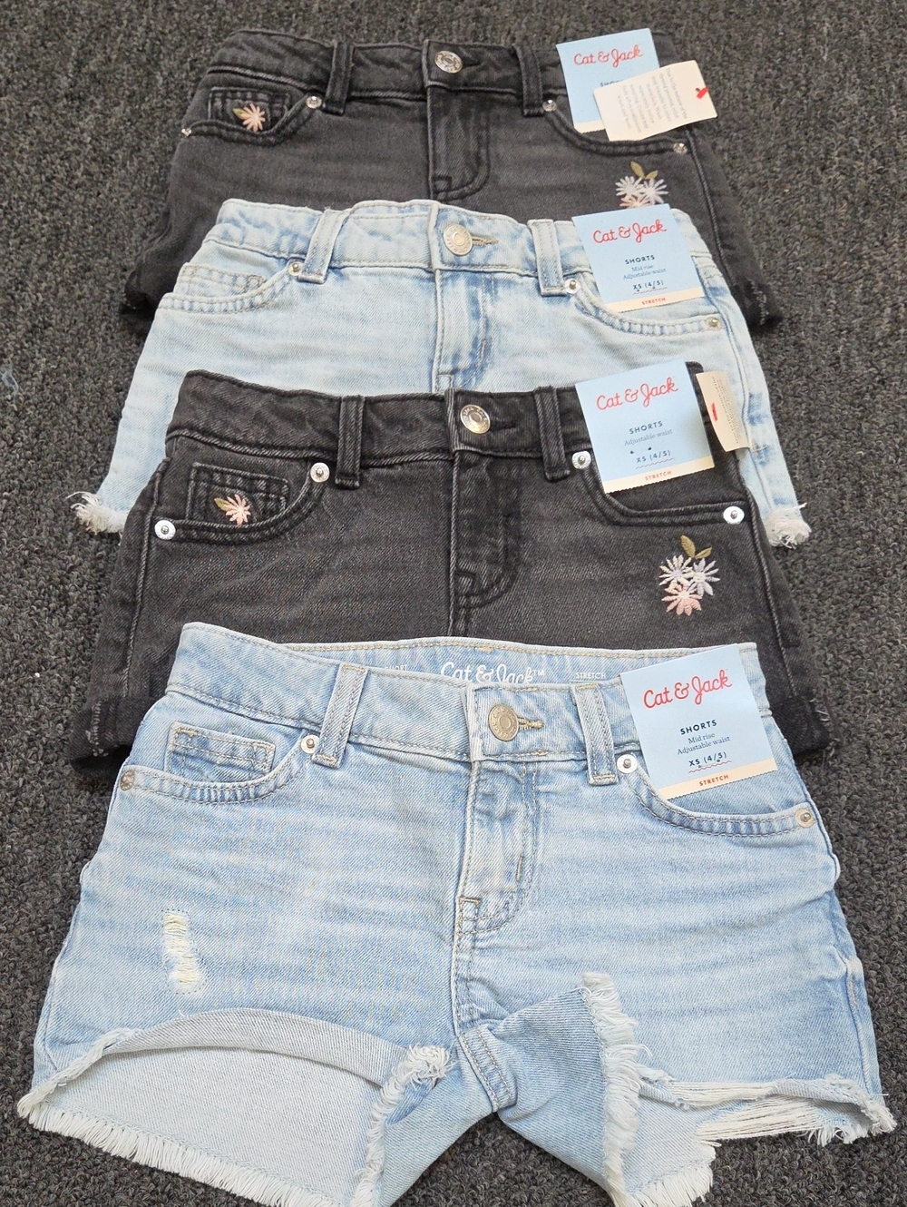(#1C) Cat & Jack Girls' Denim Shorts - Light Blue & Black with Floral Embroidery